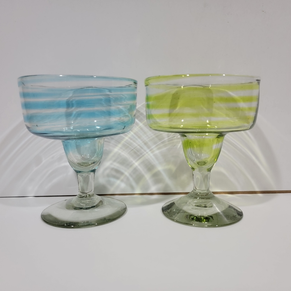 Mexican glass margarita glasses striped set of 2. Green and blue.